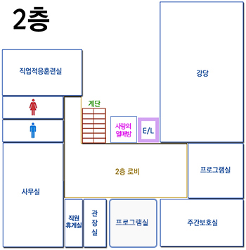 2층 계단 왼쪽으로 테라스, 엘레베이터가 있고, 강당, 프로그램실, 주간활동실 옆으로 테라스가 있으며, 관장실, 직원휴게실, 2층사무실, 세미나실, 남자화장실, 여자화장실, 직업적응훈련실이 있습니다.